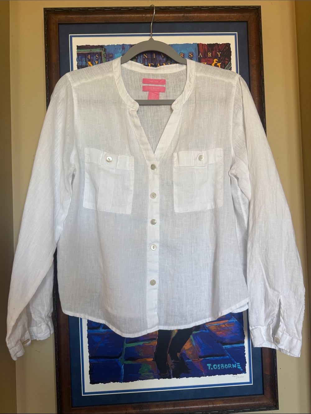 Isaac Mizrahi White Linen Button-Up Shirt with Pink Label